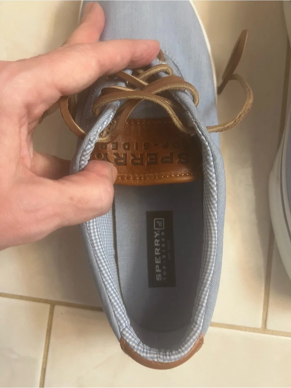 Sperry Top-Sider Striper Men’s Light Blue Canvas Boat Shoes with Brown Trim